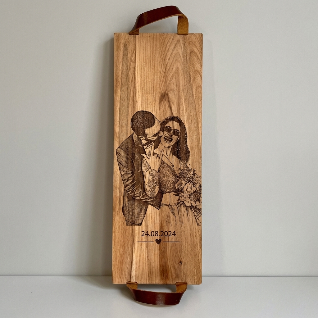 Foto, logo of tekst op borrelplank, snijplank, hapjesplank graveren  - Beuken -  48cm x 17cm - met leren handvatten - 28