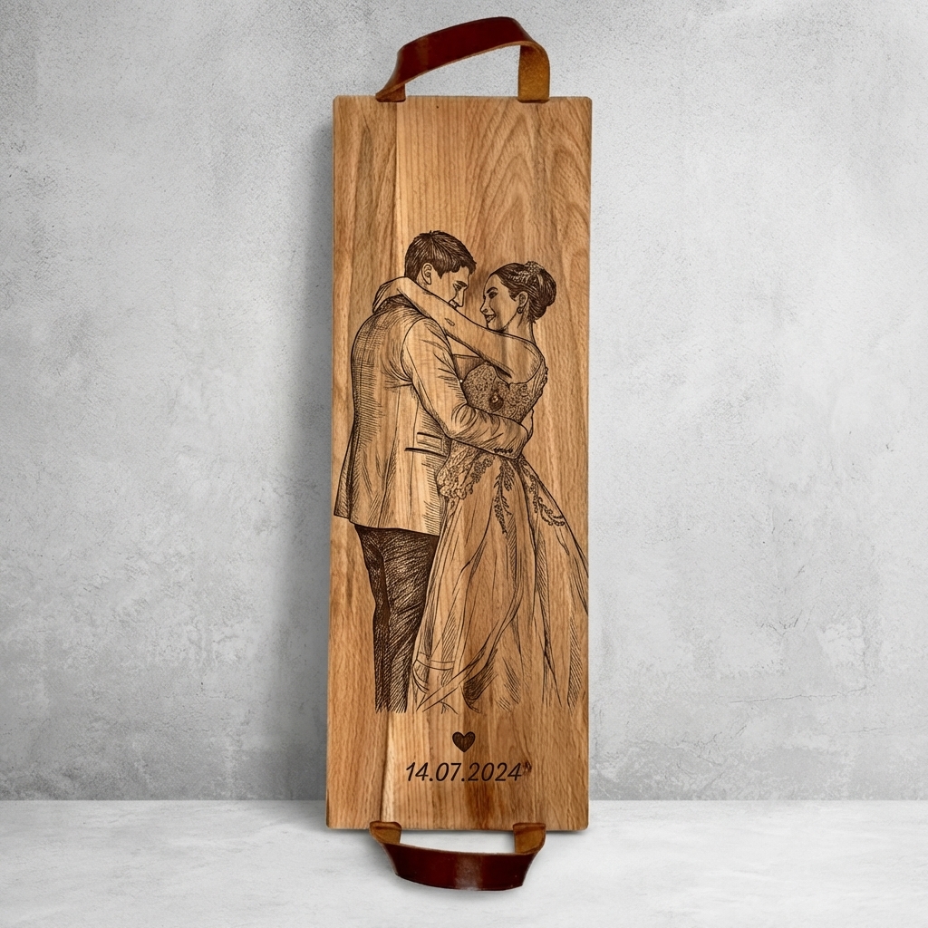 Foto, logo of tekst op borrelplank, snijplank, hapjesplank graveren  - Beuken -  48cm x 17cm - met leren handvatten - 29